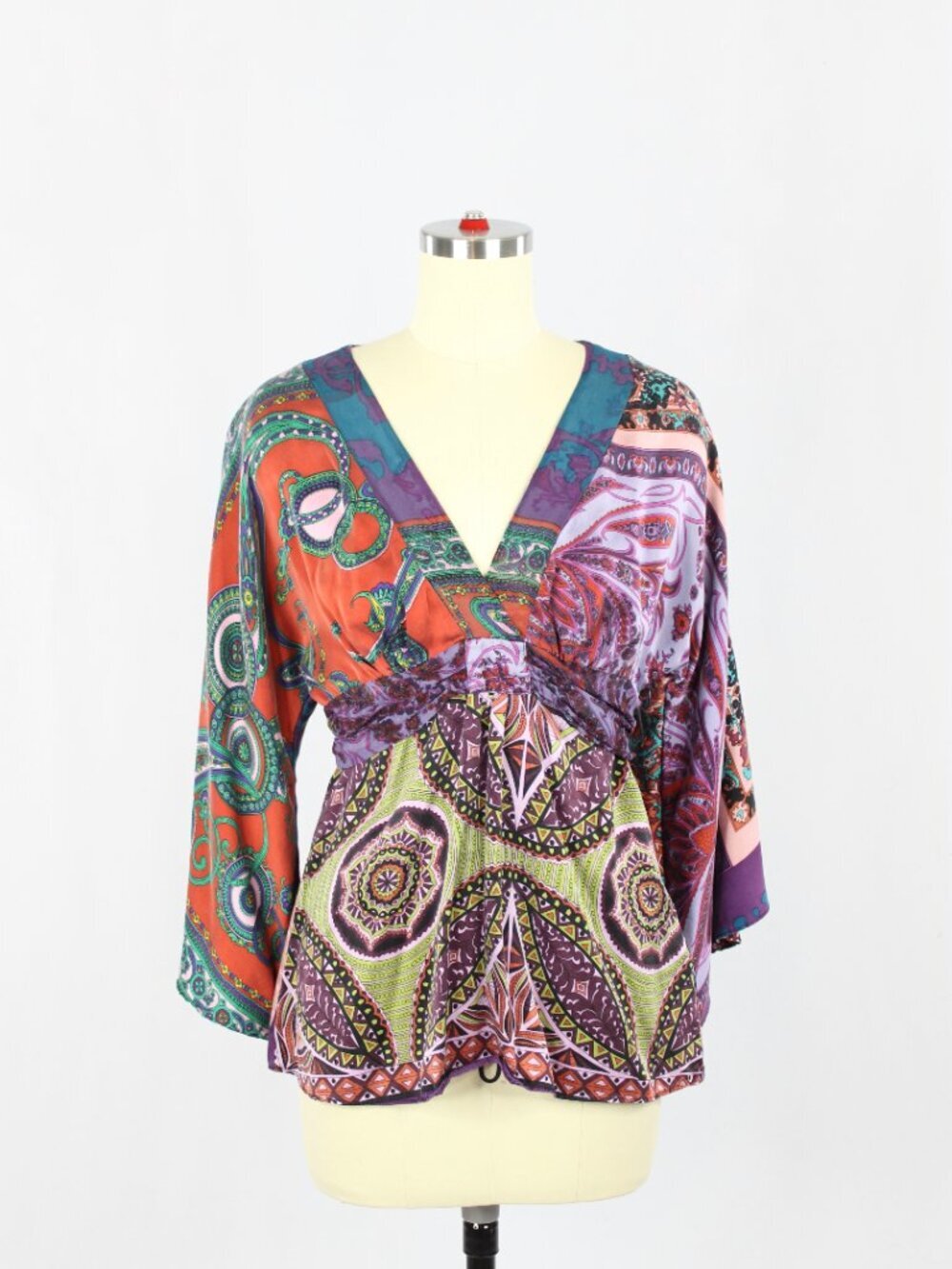 ALICE & TRIXIE Multi Color Scarf Print Silk Satin V-Neck Wrap Blouse, Size M